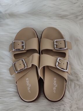 J/SLIDES Tan Double-Buckle Slide Sandals with Silver Buckles